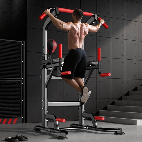 soges Pull Up Bar Dip Station, Power Tower with Boxing Speed Ball & Spinning Target, Adjustable Height Dip Stand Strength Training Fitness Workout Station, Assistive Trainer Pull Up Stand