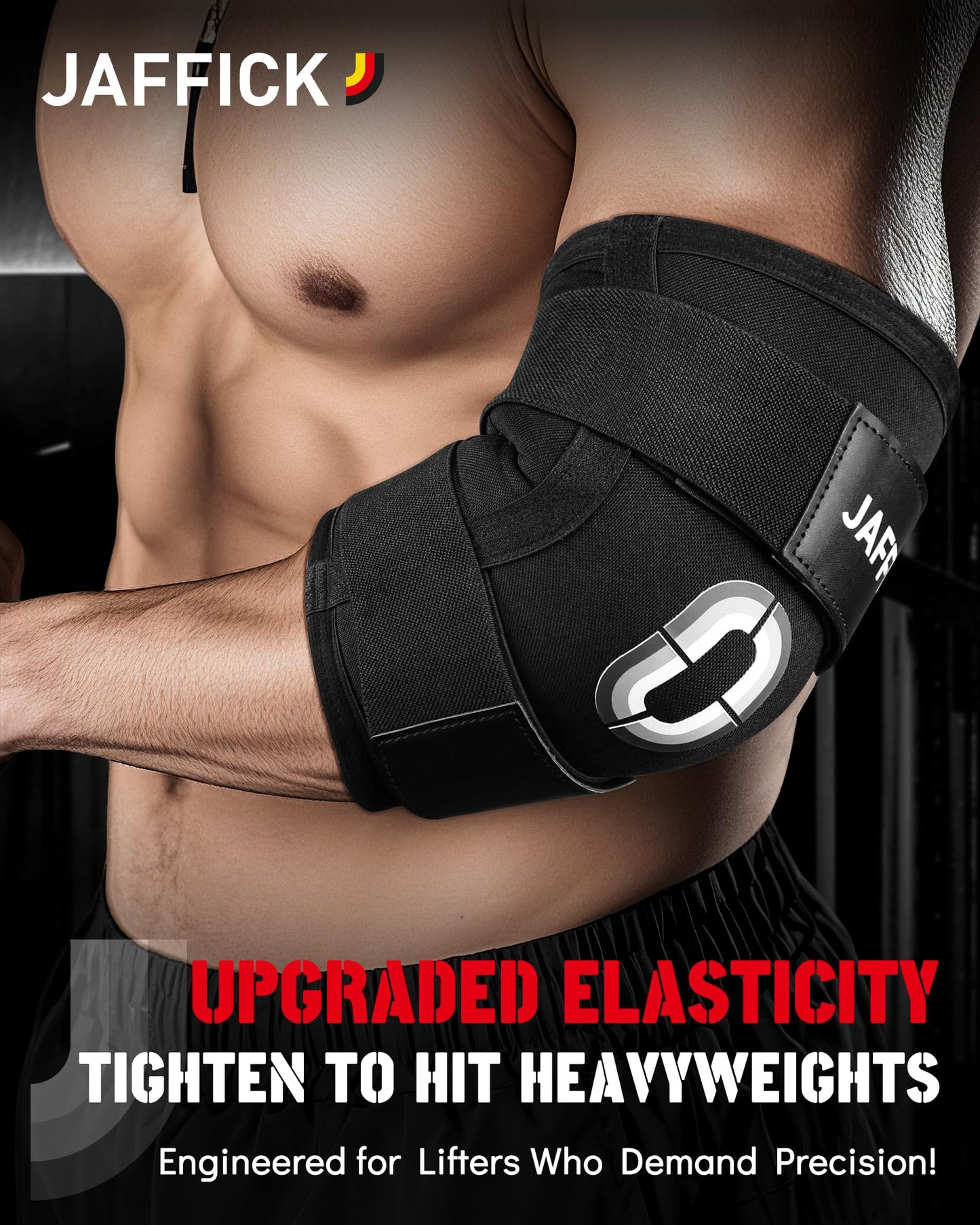 Jaffick Weightlifting Elbow Brace(1 Pair) - Elbow Sleeve with Dual Adjustable Compression Straps for Bench Press, Powerlifting, Pressing, Men & Women (Black, L)