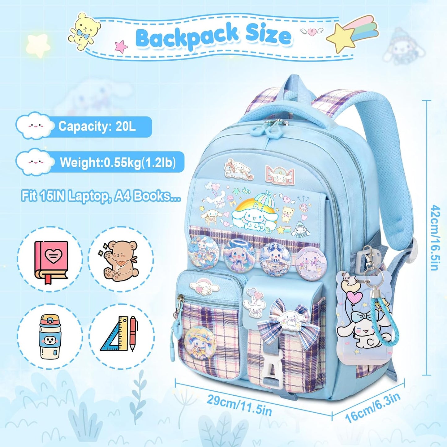 16.5/19IN School Backpack for Girls with 24Pcs Accessories, Anti-Theft Kids Backpack for Students Aged Between 4-8 Years Old/9 Years Old and Above, New Semester Presents with Pins and Card Holder