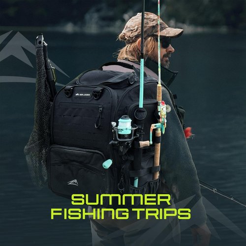 Zaloom Fishing Backpack with Rod Holder & Foldable Net - 40L Fishing Tackle Backpack, 2 Tackle boxes, Hiking Bag with Waterproof Rain Cover, Extra Storage Compartments