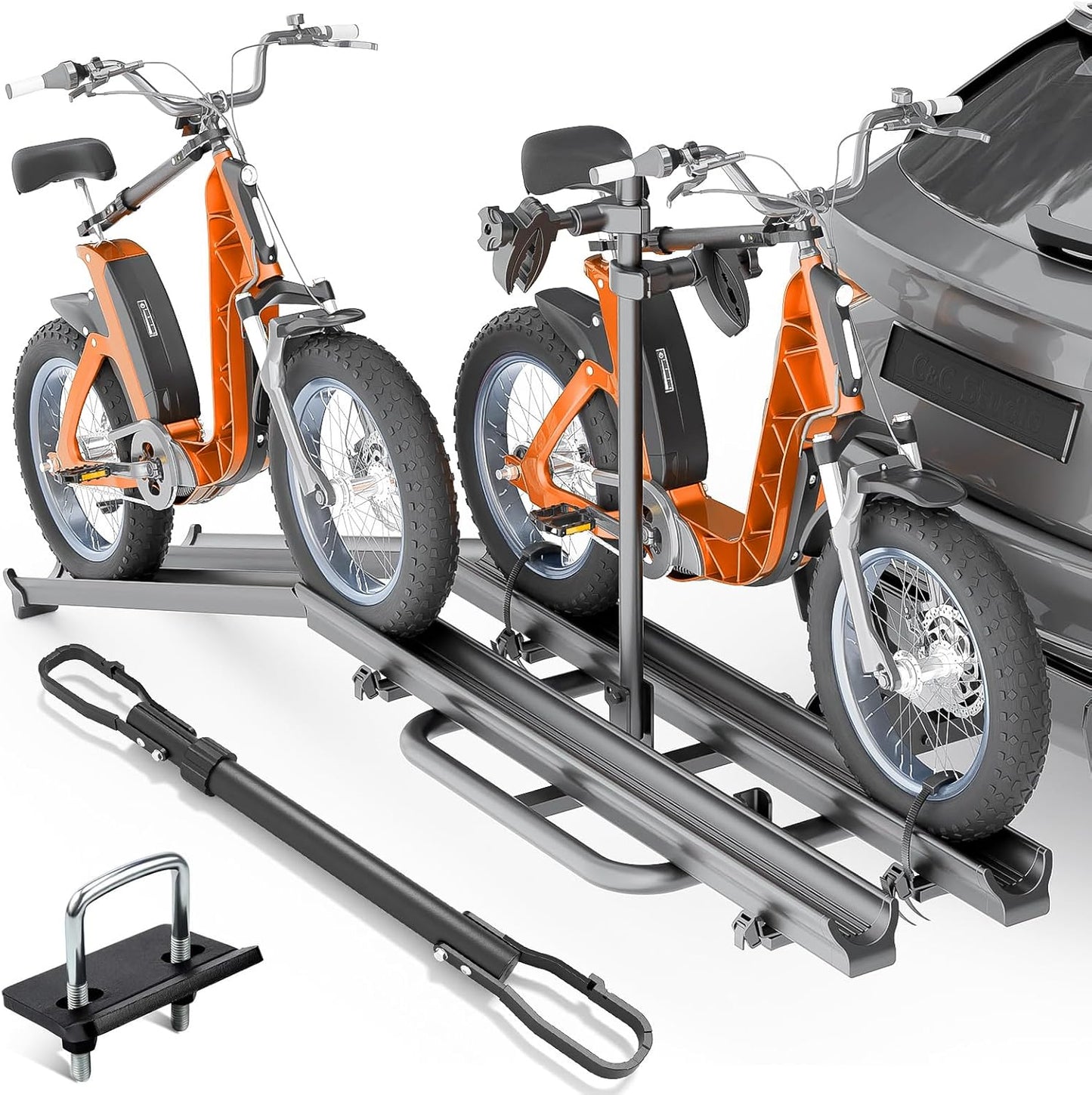 2 EBike Rack with Cross Bar & Ramp, 5" Fat Tire Bike Carrier, 200 LBS Capacity Lockable & Foldable Bike Racks, Electric Bicycle Racks Platform Fits 2" Standard Hitch for SUVs Cars Trucks Vans