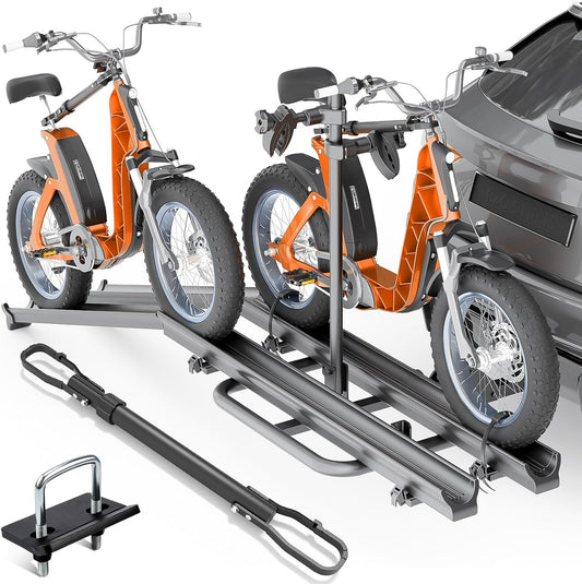 2 EBike Rack with Cross Bar & Ramp, 5" Fat Tire Bike Carrier, 200 LBS Capacity Lockable & Foldable Bike Racks, Electric Bicycle Racks Platform Fits 2" Standard Hitch for SUVs Cars Trucks Vans