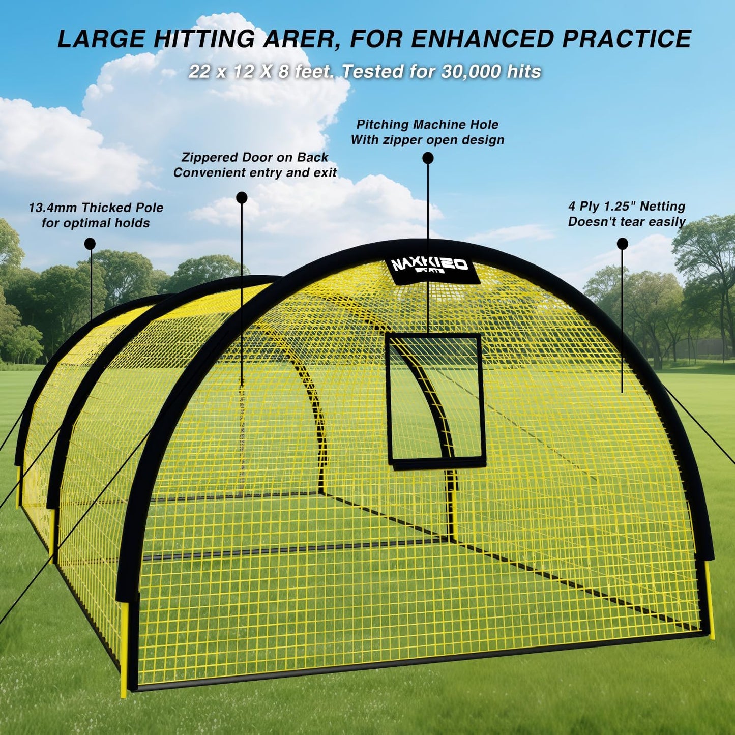 22ft x 12ft x 8ft Baseball Batting Cage Net with Pitching Machine Hole, Portable Batting Cages for Backyard, 4ply Yellow Netting, Zippered Backing Door