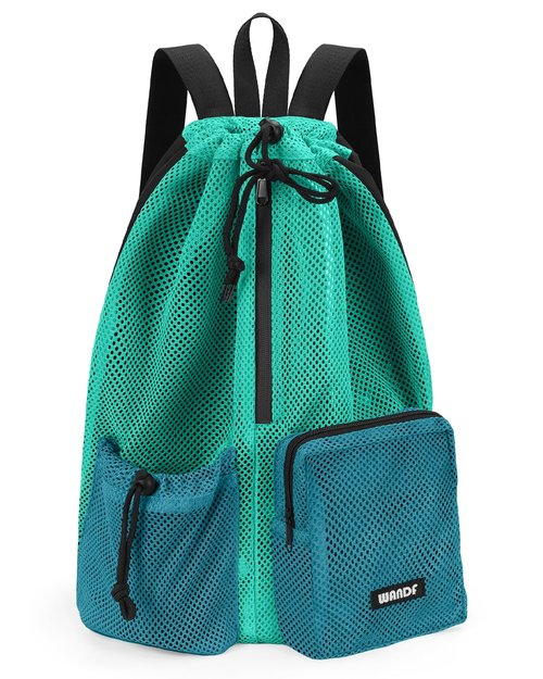 WANDF Swim Bag Mesh Drawstring Backpack with Wet Pocket Beach Bag for Swimming Pool Gym Workout Men and Women (Turquoise)