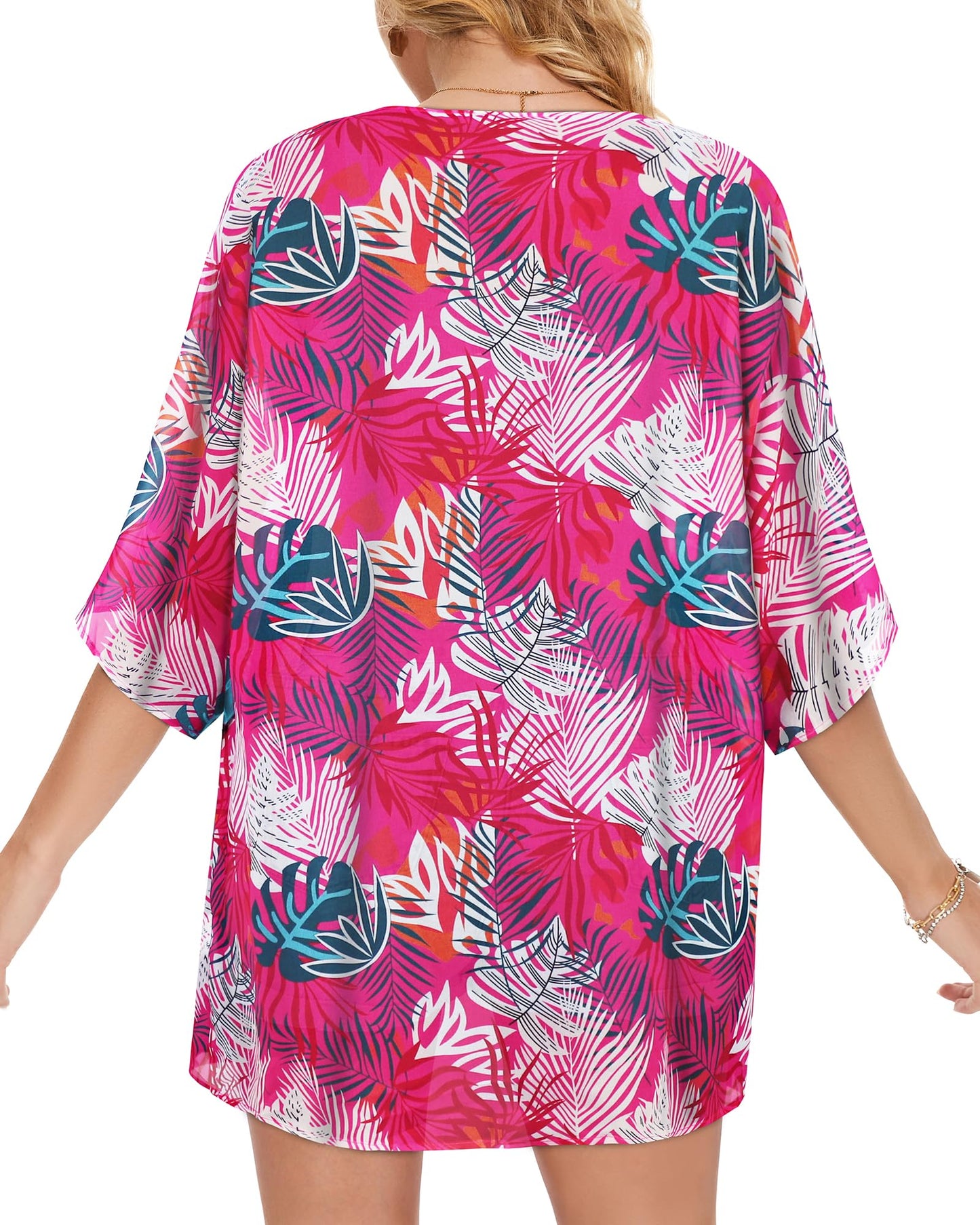 Women's Floral Kimono Print Puff Sleeve Loose Cardigan Cover Up Casual Blouse Tops (Rose Red Leaves, 3XL)