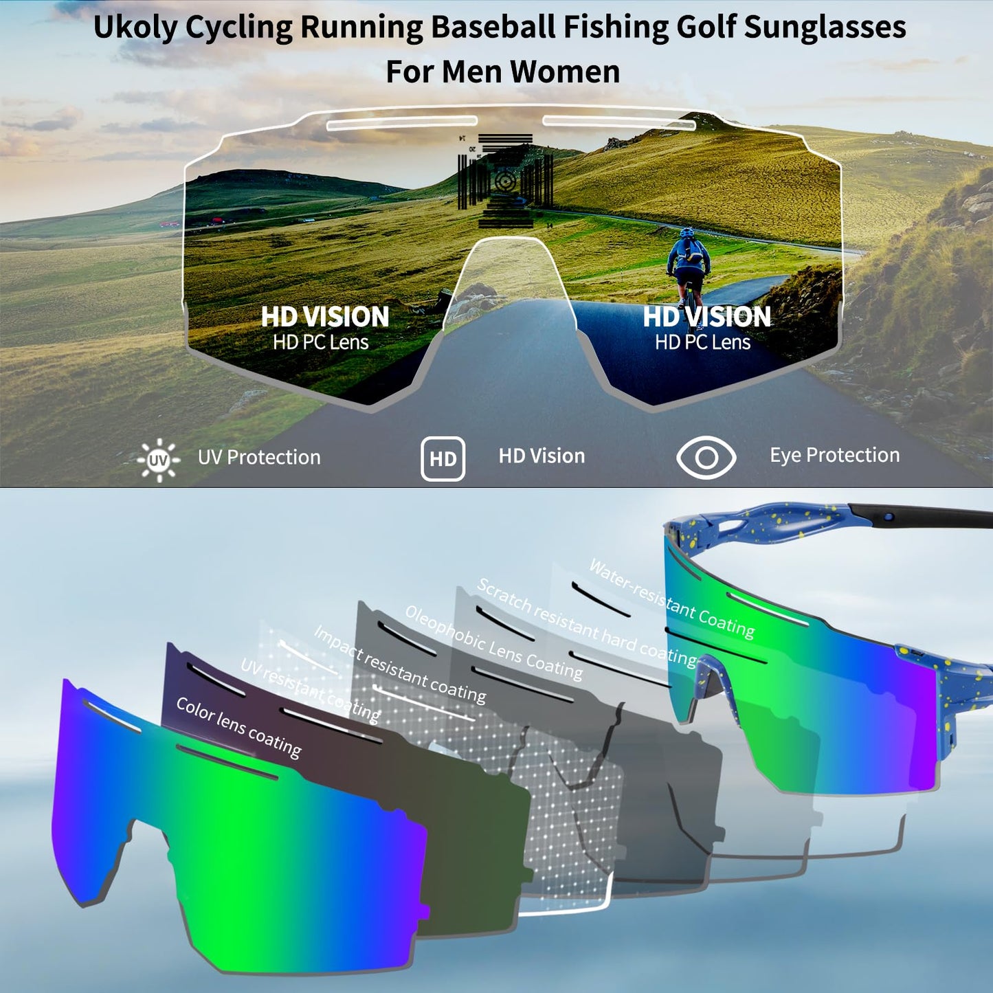 Ukoly Cycling Sunglasses with Interchangeable Nose Pad Men Women, Sports Sunglasses, Fishing Baseball Sun glasses
