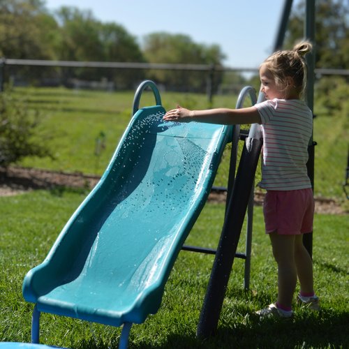 Lark Water Slide Swing Set with 6 Ft Water Tarp, Disc Swing, 2 Sling Swings, 3-Seat Merry Go Round with Adjustable Heavy Duty Ropes, 16-Gauge Weather Resistant Steel Frame (Benton)