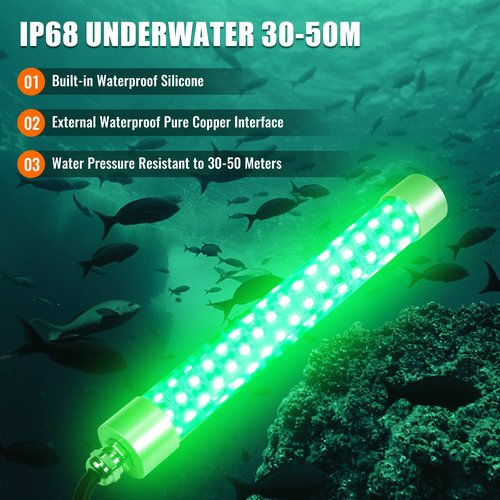 HUSUKU FS0-1 LED Underwater Fishing Light - DC12V 100W 10,000lm with 16.4ft Cord Green Night Fishing Lights, Glowing Fish Attractor, IP68 Submersible Boat Lamp for Snook Crappie Squid Shrimp
