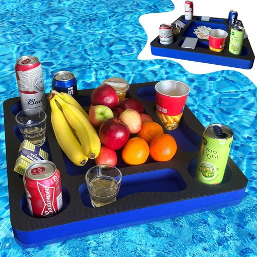 RAMIEYOO Floating Pool Games Table for Adults - All-in-One Drink Holder & Refreshment Station for Pool, Beach, Hot Tub,Waterproof Cards Included,Summer Party Essentials (Black-Blue, 19 * 19 Inch)