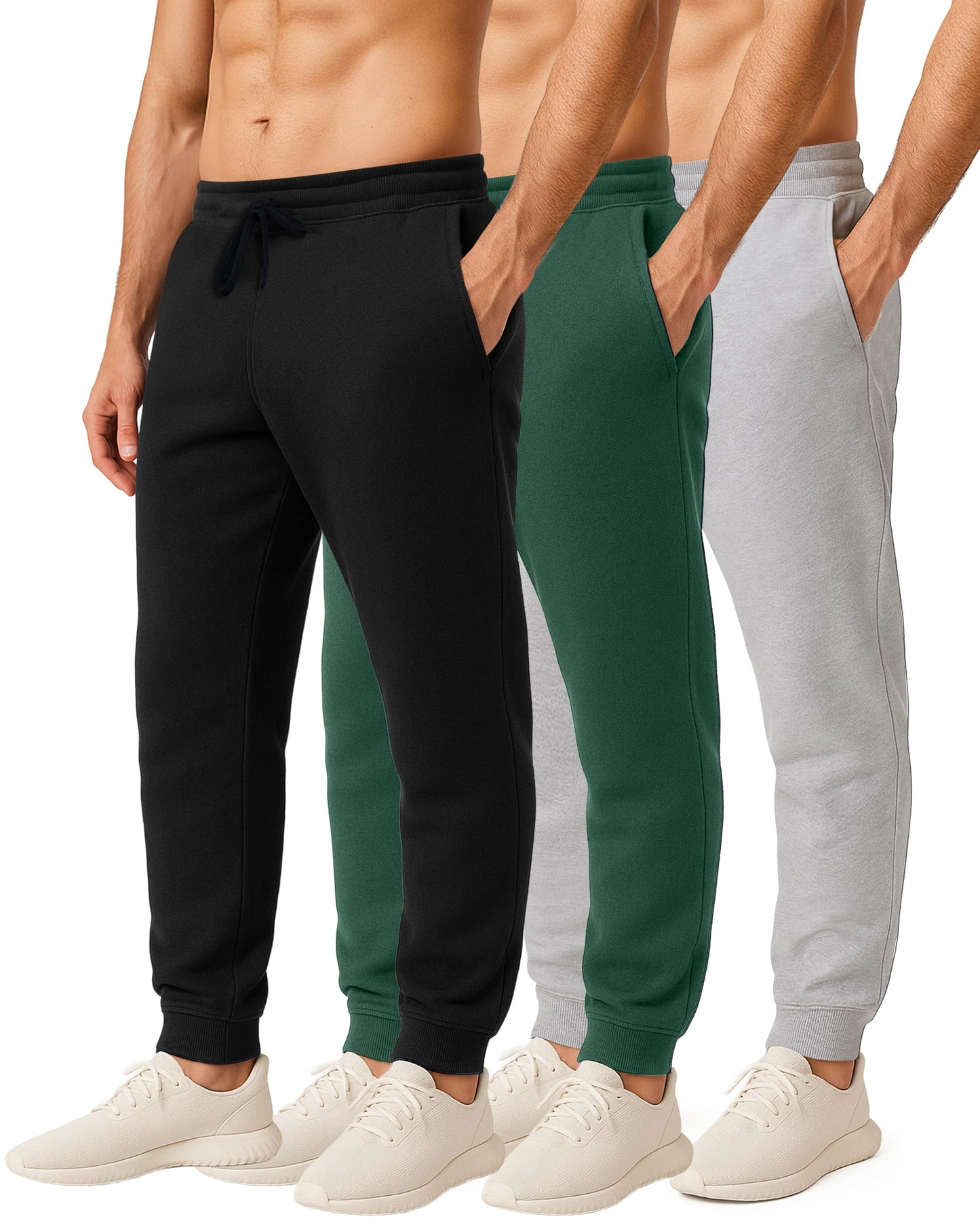 Real Essentials 3 Pack: Men's Cotton Fleece Jogger Sweatpants - Athletic Pants Bottoms with Pockets (Big & Tall Available)