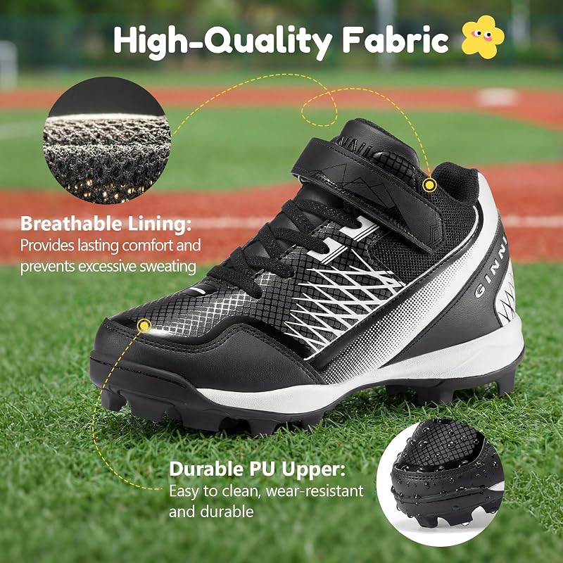 Kids Baseball Cleats Mid-Top Shoes for Boys & Girls - GINNI Black+4 Big Kid