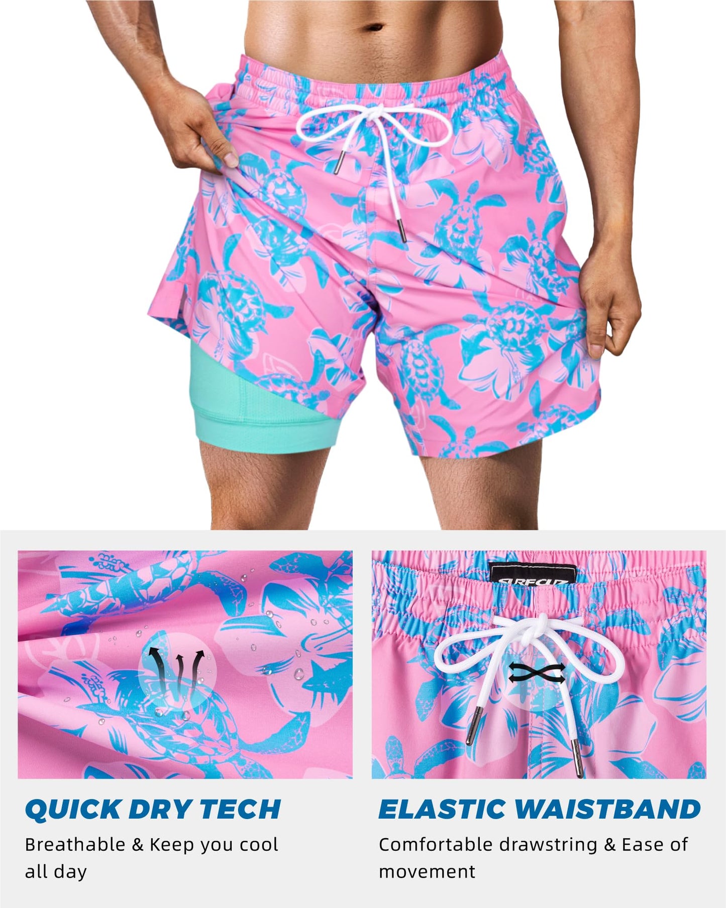 SURF CUZ Mens Swim Trunks with Compression Liner Quick Dry Swim Shorts 7" Swimming Trunks Stretch Zipper Pockets Pink Blue Turtles Medium