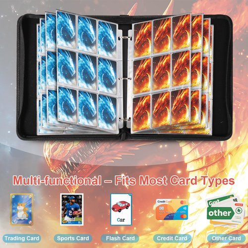 Gbchais Fire & Ice Dragon 9 Pocket Trading Card Binder Album, Holds 900 Cards with 50 Removable Double-Sided Sleeves, Waterproof PU Leather Zipper Binder for TCG, MTG, Sports Cards