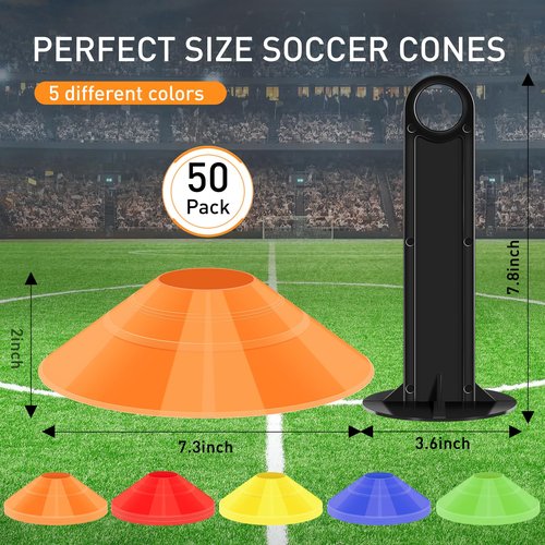 CasaCulina 50 Pack Soccer Training Cones, Agility Disc Sports Cones with Carry Bag and Holder, Plastic Football Cones for Drills, Sports Training, Basketball, Coaching, Practice Equipment, 5 Color