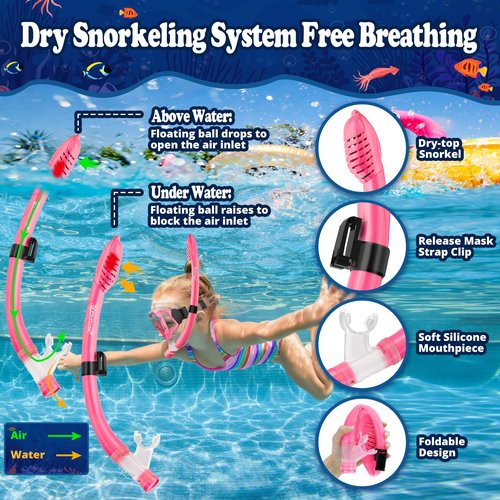 Kids Snorkel Set for Age 4-14 - Dry Top Snorkeling Gear for Kids Junior & Youth - Childs Diving Mask with Big Eyes for Boys Girls - Anti-Fog Snorkeling Mask and Snorkel Set