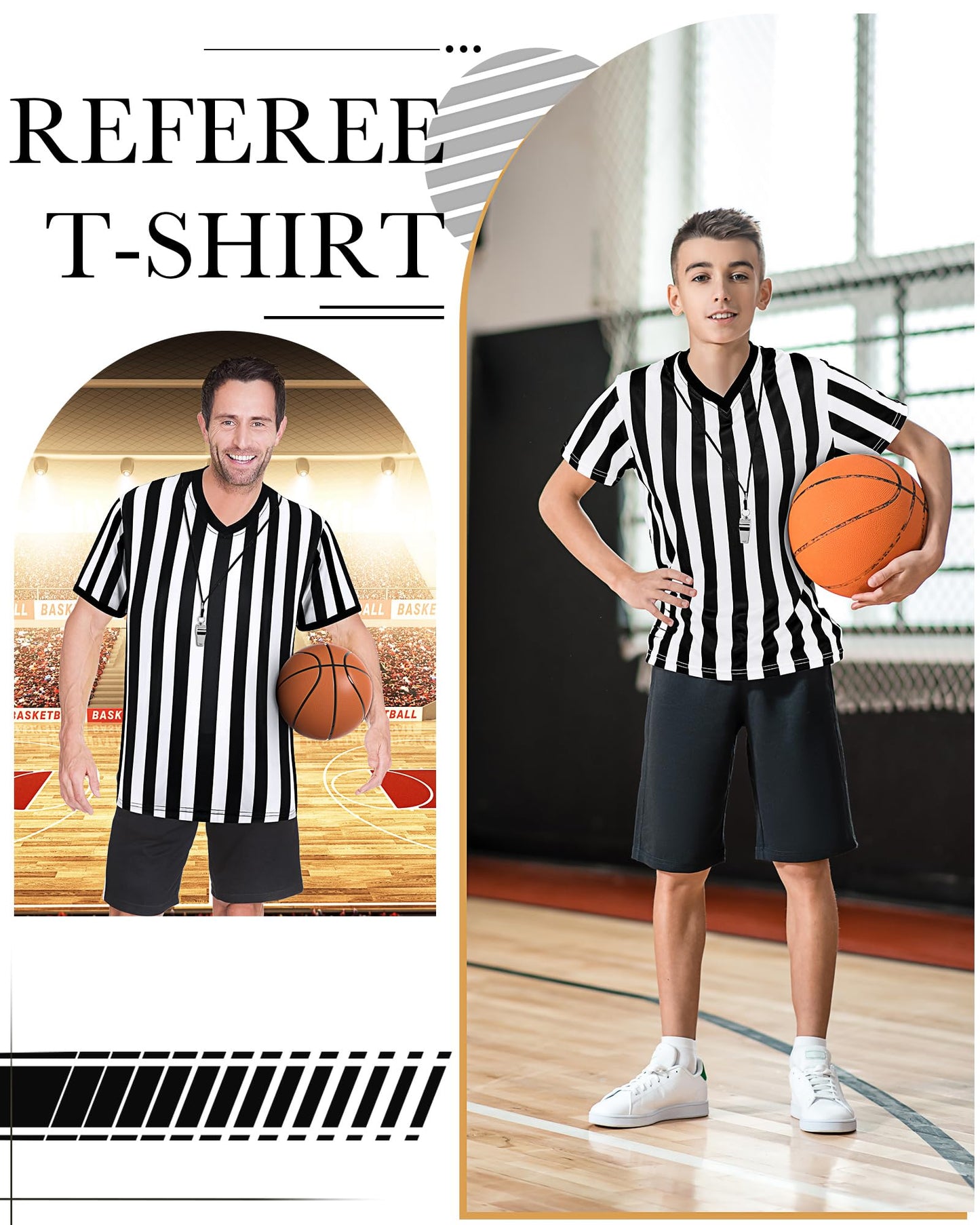 Sintege 4 Sets White and Black Soccer Referee Stripe Shirt with Whistle Official Referee Costume Shirt Football Umpire Jersey Halloween Costume for Adult(Adults Medium)
