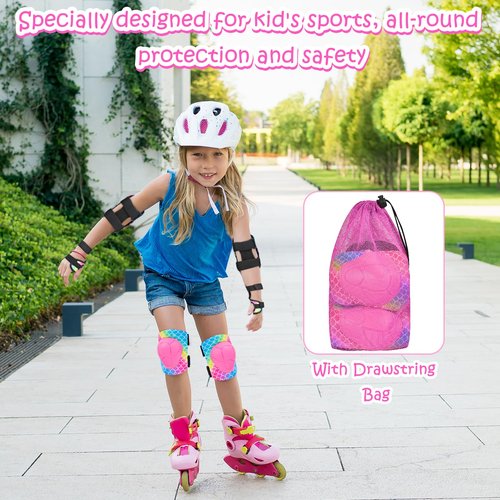 PAMAID Knee Pads for Kids Adjustable Protective Gear Set with Mesh Bag Knee Pads and Elbow Pads Wrist Guard for Girls Kids Roller Skates Cycling Skateboard Scooter, 3-8 Years (Pink Mermaid)