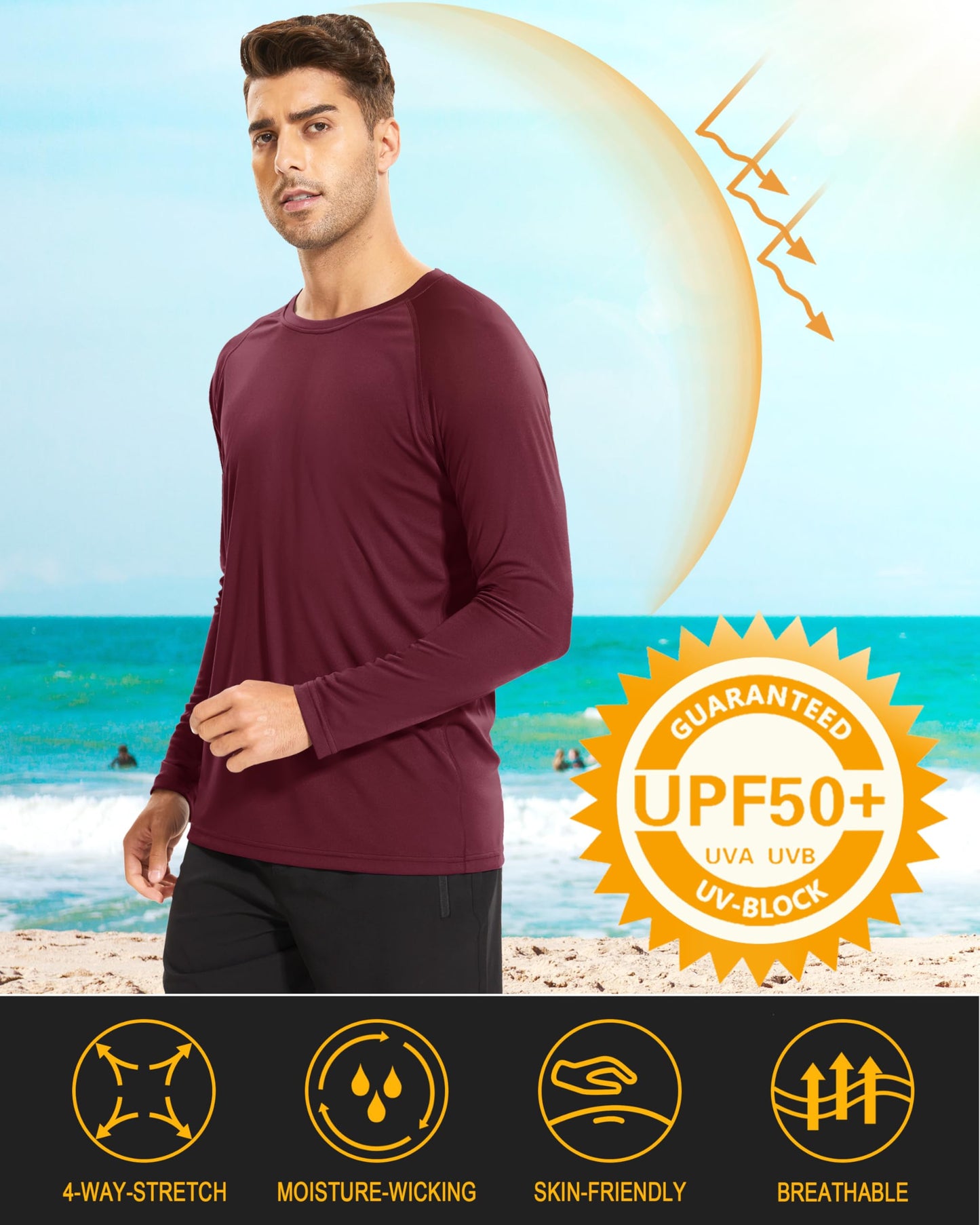 MAGCOMSEN Mens Swim Shirt Long Sleeve Shirts Athletic Hiking Workout Shirts Quick Dry Baselayer Shirt Tee Rash Guard Wine