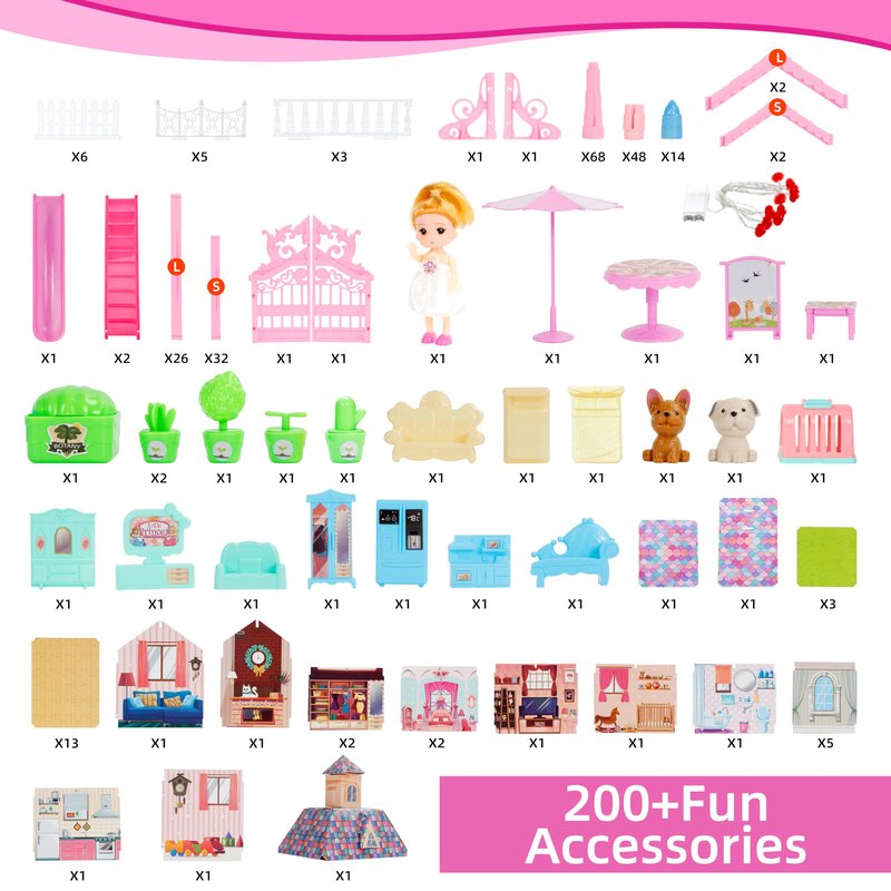 OCTERIC Doll House for Girls,13 Rooms Dollhouse with 2Dolls Figure, Lights, Puppies,Furnitures, Accessories, Toddler Playhouse Gift for for 3 4 5 6 7 8 9 10 Year Old Girls Toys (Pink)
