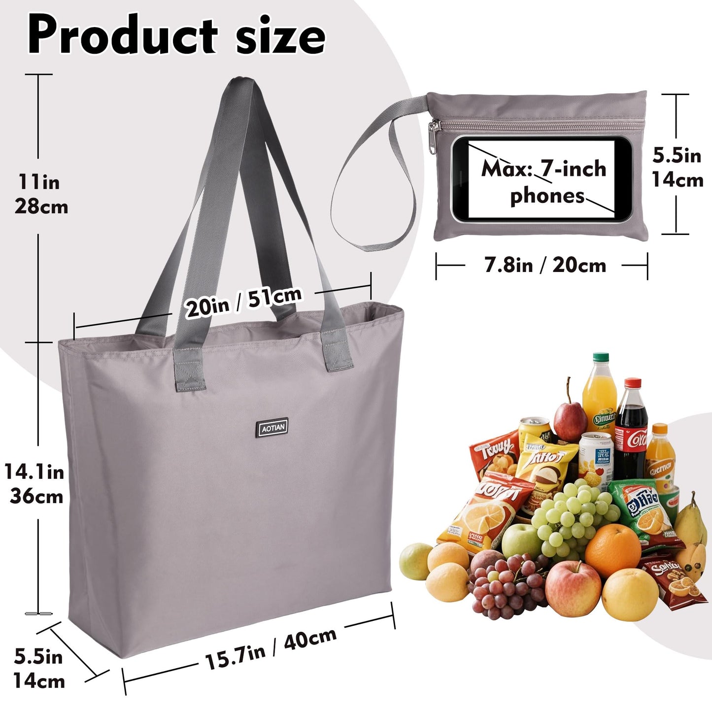 AOTIAN Heavy Duty 20 Liter Reusable Grocery Bags, Thickened Tear-Resistant Polyester Fabric Foldable Machine Washable Shopping Bags, Zipper Closure Water-Resistant Large Tote Bag Travel Gym Beach Bag