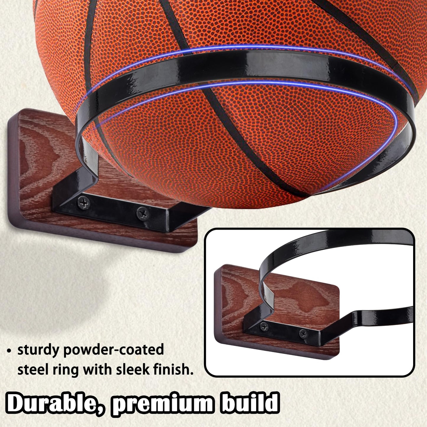 Basketball Holder Wall Mount, Solid Wood Ball Storage Wall Decorations for Basketball, Football, Soccer, Volleyball Collection, Stylish Basketball Rack Display for Home Decor (Beech Wood-4 Packs)