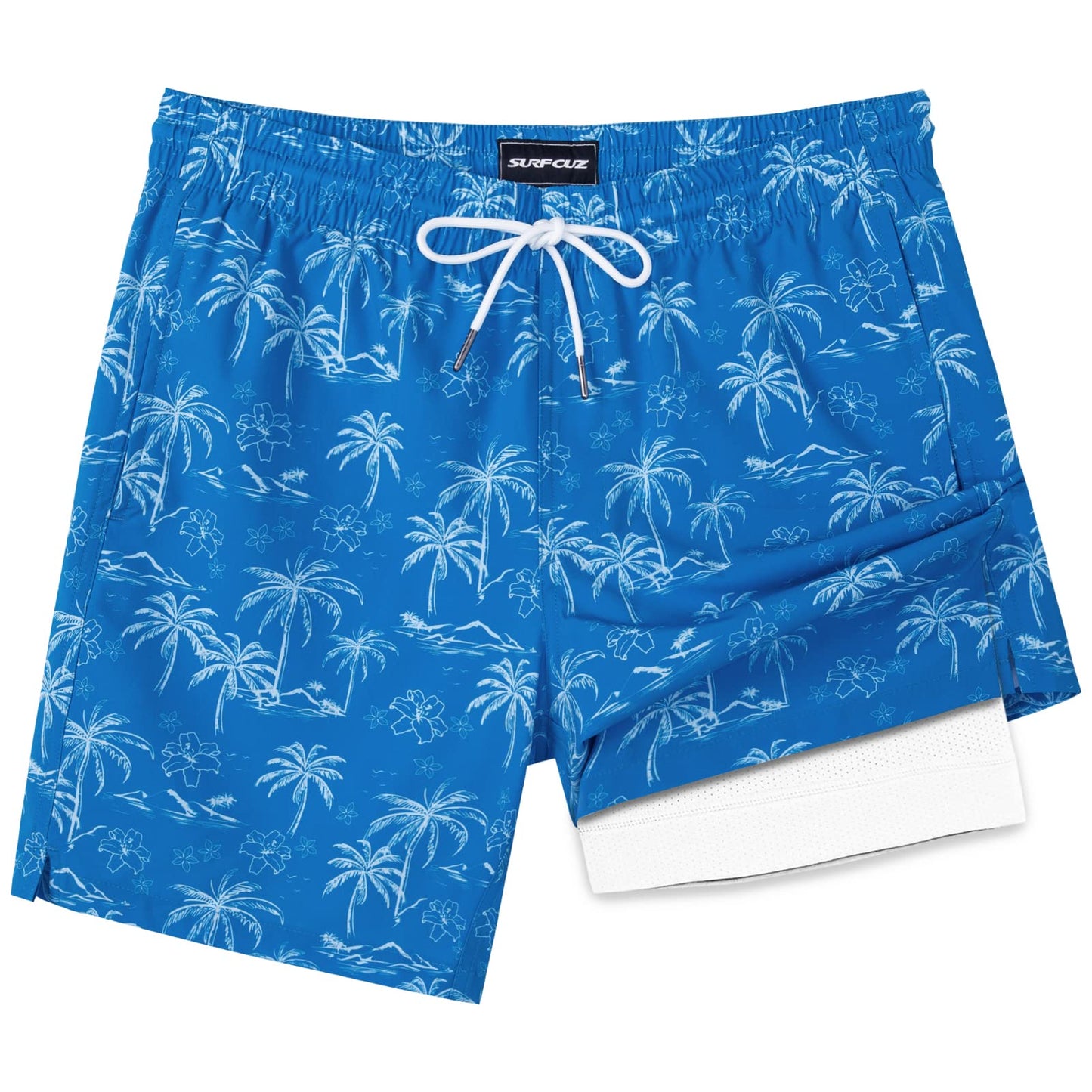 SURF CUZ Mens Swim Trunks with Compression Liner Quick Dry Swim Shorts 7" Swimming Trunks Stretch Zipper Pockets Blue Palm Island Large