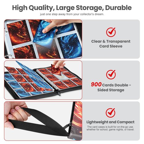 Winsing Card Binders 9 Pocket with 900 Pockets,Premium Zipper Case with 50 Removable Pages, Trading Folder,Album Sleeves Holder Sheets for Game and Sports Cards,Gifts for Boys and Girls,Red