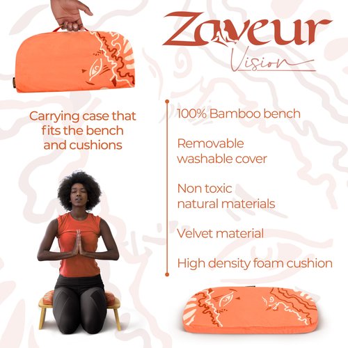 Zaveur Bamboo Meditation Bench with Cushion - Foldable Bench for Multiple Seating Angles - Kneeling Chair Meditation Stool - Yoga Chair Prayer Bench for Deeper and Longer Meditation - Orange