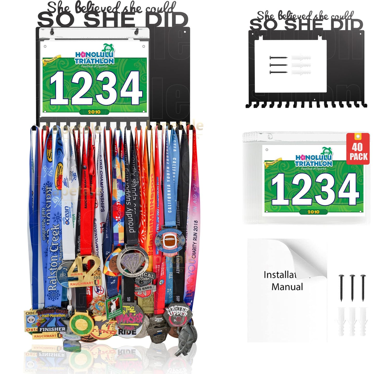 Lapetale Fashion She Believed She Could SO SHE DID Race Bib and Medal Display,Marathon Medal Display and Runner Medal Hanger Display,Bib Running Medal Display Gifts for Runners Athlete Luxurious