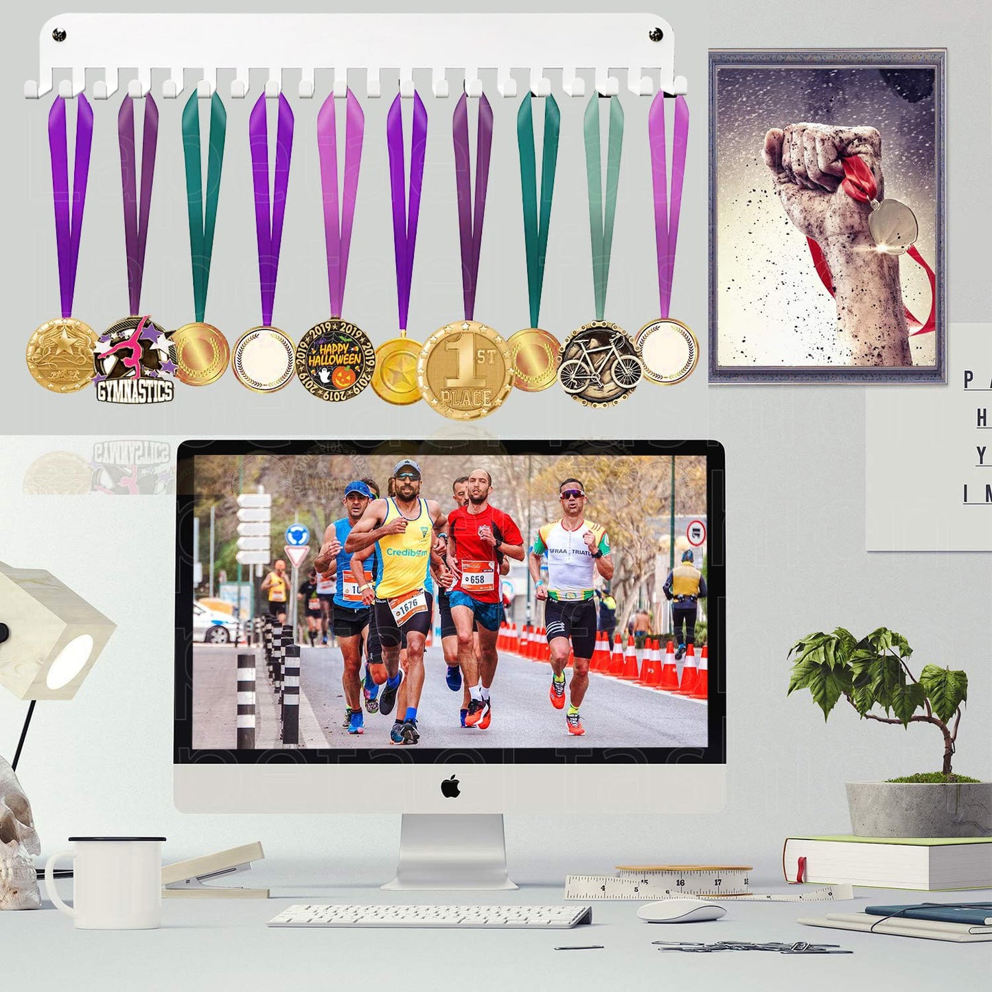 Lapetale Fashion White Medal Hanger Holder Display Rack,Race bib Medal Display with 20 Simple Hooks, Race Medal Display Holder,Hanger for Medals