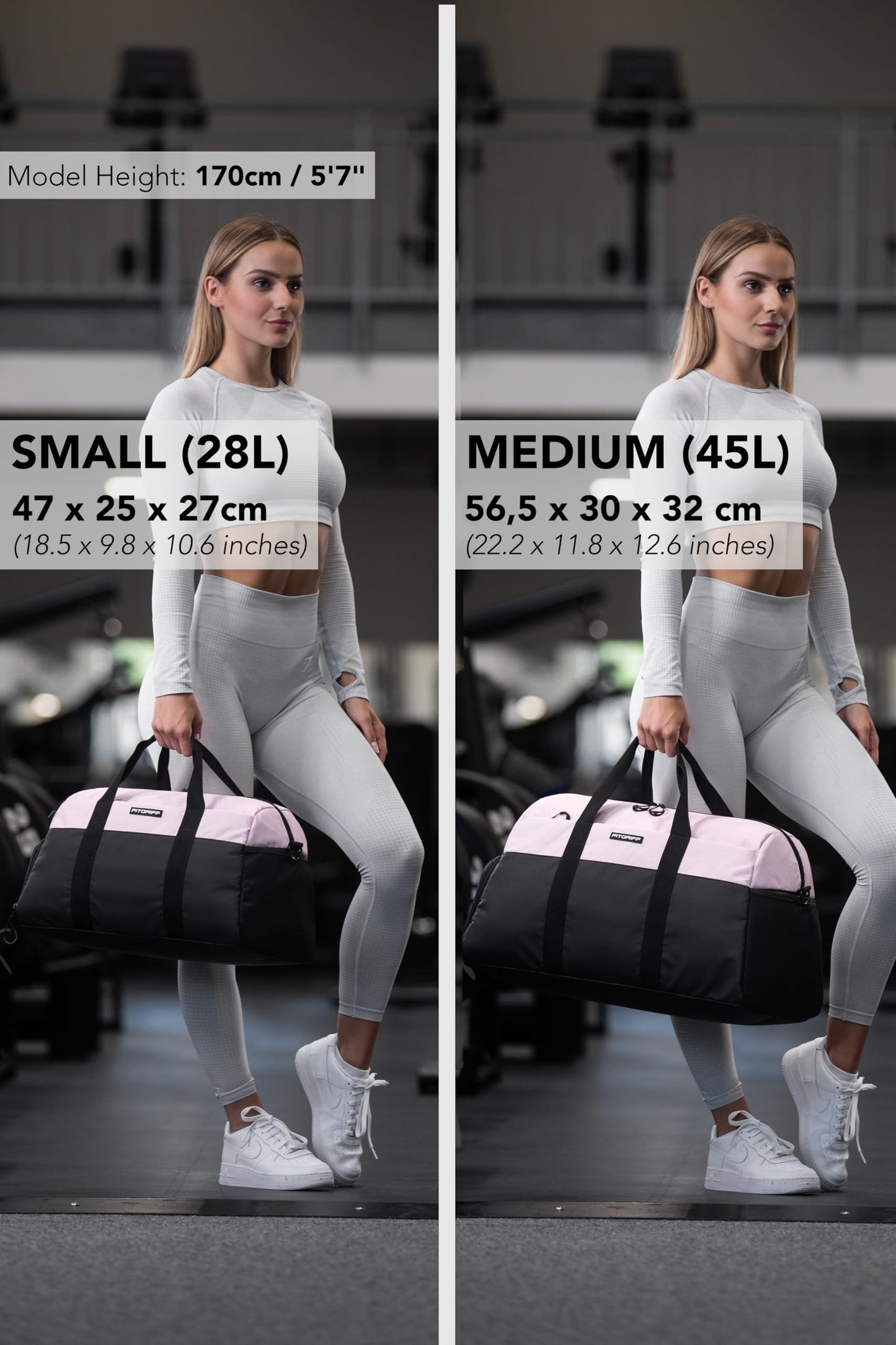 Fitgriff® Gym Bag V2 for Men and Women with Shoe & Wet Compartment - Duffle Bag for Travel, Sports, Fitness and Workout (Black/Pink, 22 x 12 x 13″ (Medium))
