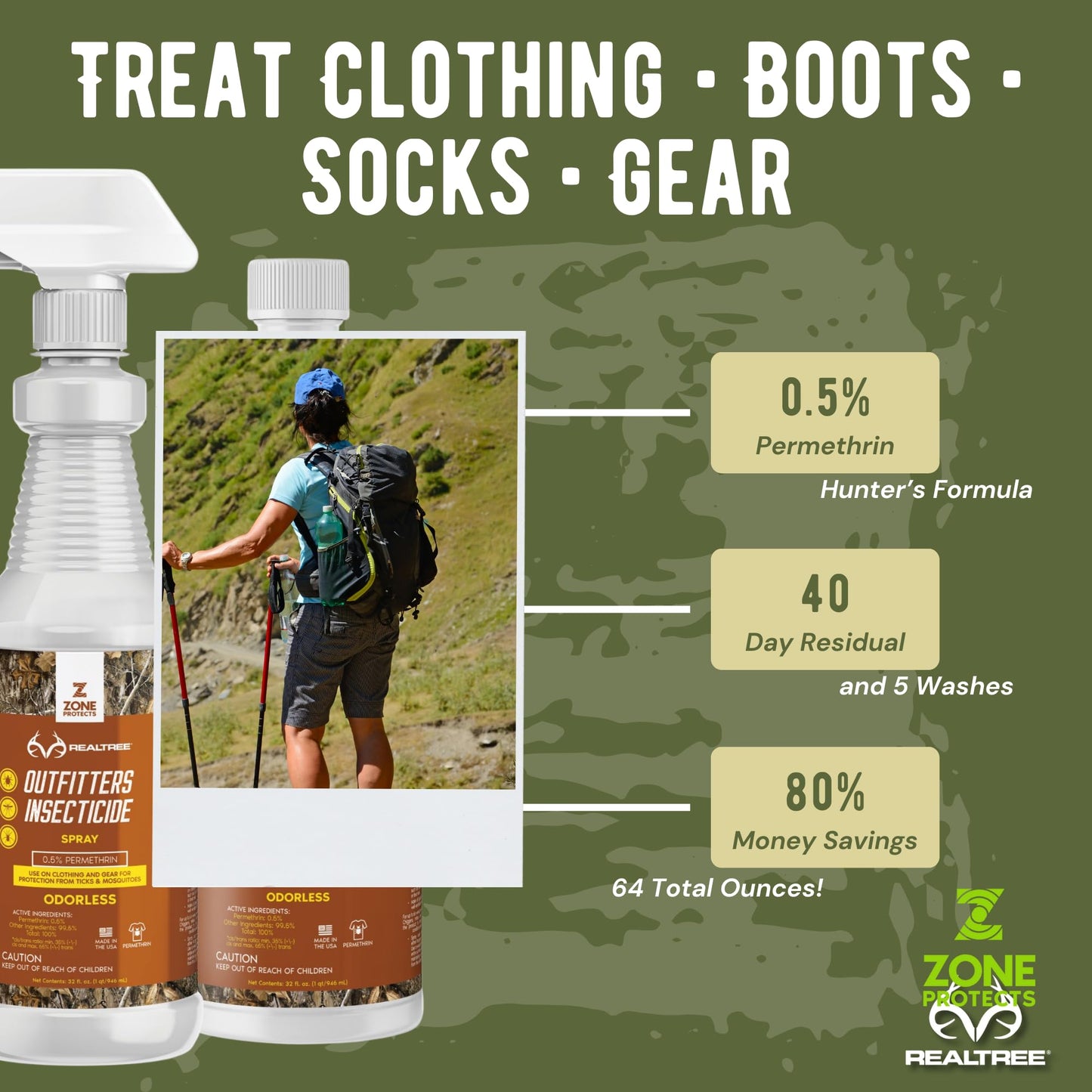 Zone Realtree Outfitters Permethrin Insecticide Spray and Refill Bundle - 32oz Spray and 32oz Refill, Controls Ticks, Mosquitoes, Chiggers on Clothing, Boots, and Gear