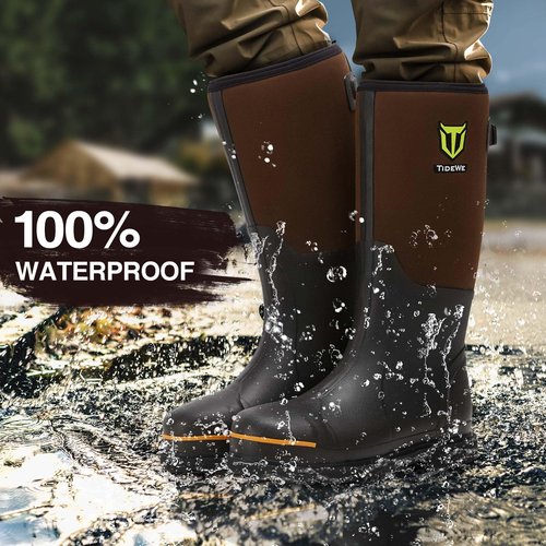 TIDEWE Rubber Work Boot for Men with Steel Toe & Shank, Waterproof Anti Slip Hunting Boot, 6mm Neoprene Hunting Boot for Manufacturing, Construction, Farming, Brown, Size 11