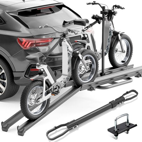 EYOUHZ 200 LBS Capacity 2 EBike Rack with Cross Bar, 5" Fat Tire Carrier with Ramp, Foldable & Lockable Electric Bicycle Racks, Bike Racks Platform Fits 2" Standard Hitch for Trucks Vans SUVs Cars