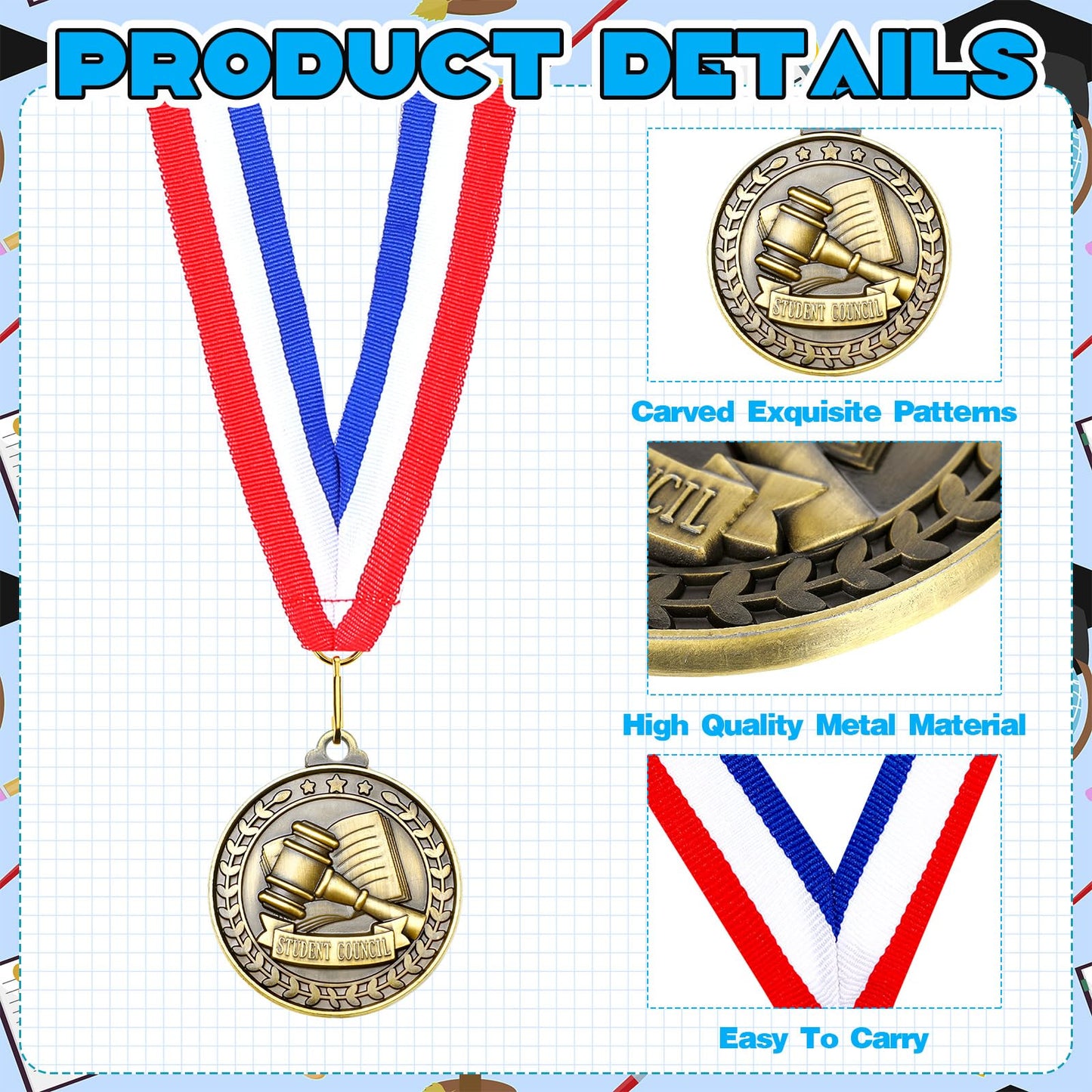 Quelay 30 Pcs 30 Pcs 2'' Award Medals Bulk Gold Winner Medals with Neck Ribbons Metal Trophy Award Prize Gift for Tournaments, Competitions, Party, Kids and Adults (Student Council)