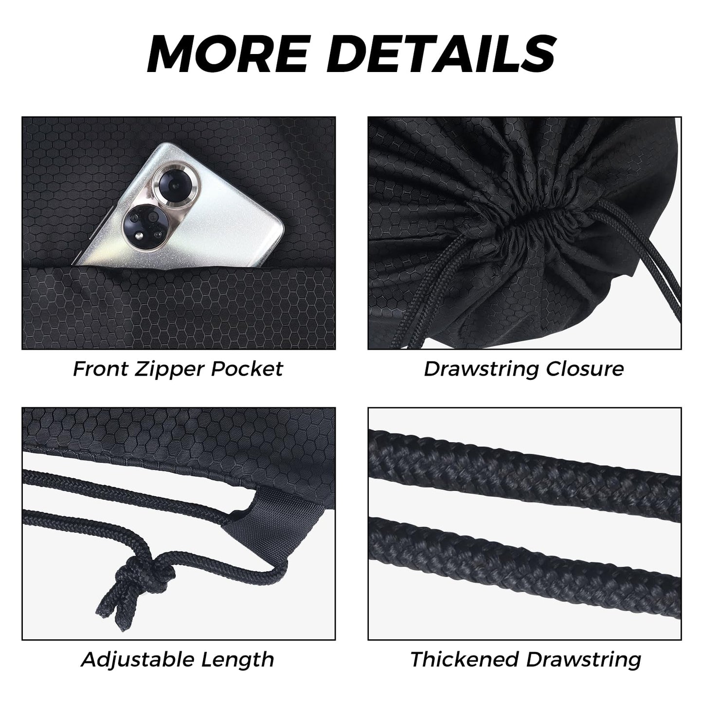 Moyad Drawstring Backpack Gym Bag for Men & Women, Lightweight Swim Bag with Front Zipper Pocket for Sports, Beach, Travel, Yoga, Soccer, Basketball - Honeycomb Black