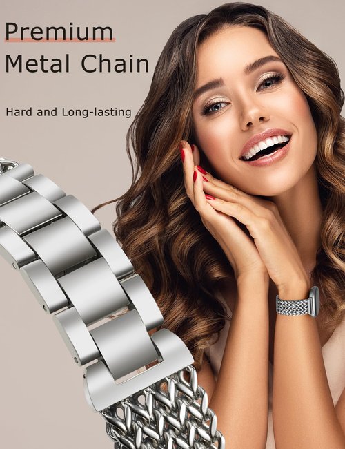 Minyee Metal Bands Compatible with Fitbit Versa 4/Sense 2/Versa 3/Sense Bands Women, Dressy Stainless Steel Silver Multi-chain Designer Starlight Link Bracelet Wristband Replacement Strap for Versa 3