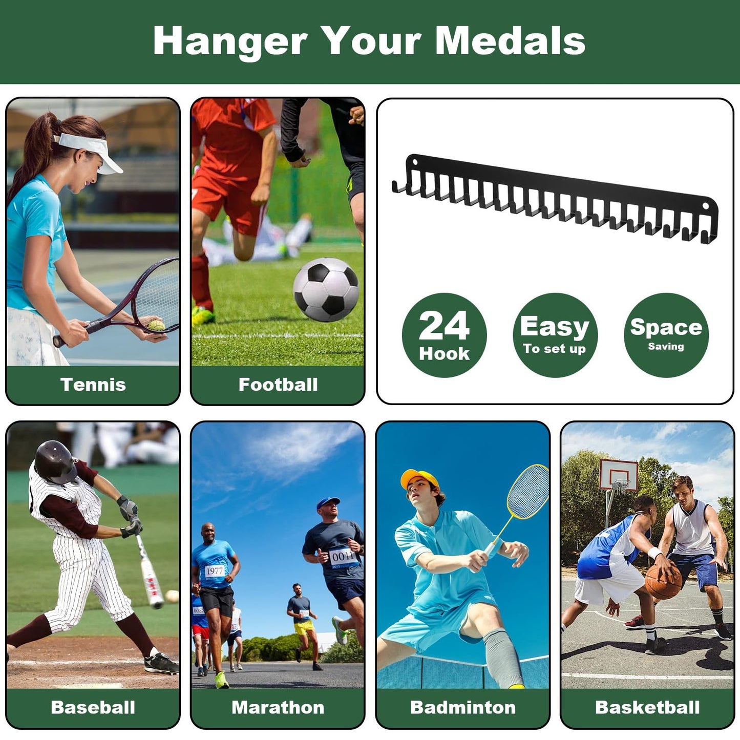 Nodaaiie 2 Pack Medal Hanger Display with 20 Hooks, Medal Holder for Wall, Sports Medal Holder for Running, Gymnastics, Soccer, Wrestling, and More, Easy to Install