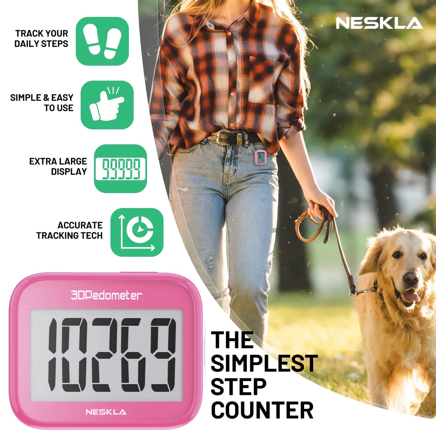 NESKLA 3D Pedometer for Walking, Simple Step Counter with Large Digital Display, Step Tracker with Removable Clip Lanyard, Accurately Track Steps for Men Women Kids Adults Seniors-Pink