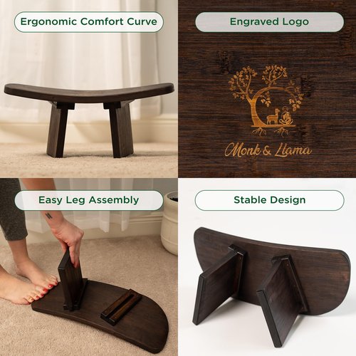 MONK & LLAMA Meditation Bench Standard - Kneeling Bamboo Bench with Foldable Legs & Cushion — Perfect Kneeling Stool Ergonomic Bamboo Yoga Bench for Extended Practice - Includes Carrying Bag