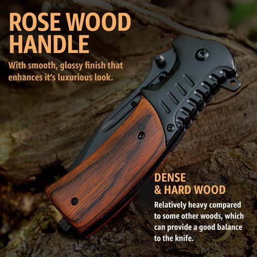Pocket Knife for Men with Wood Handle & Glass Breaker & Pocket Clip - 3.66" Sharp Blade - Tactical Self Defense Folding Knives for Men Women Hunting Camping Military Survival Hiking Work EDC 0207