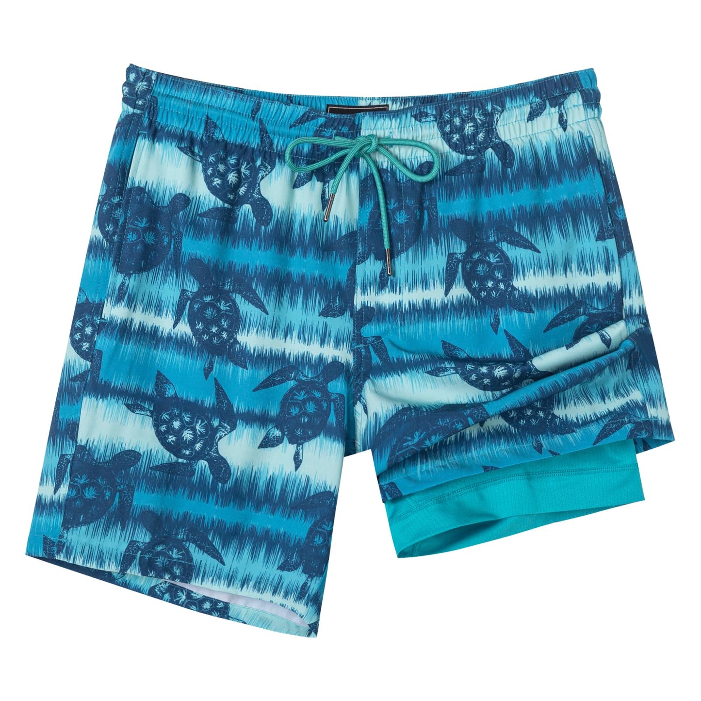 SURF CUZ Mens Swim Trunks with Compression Liner Quick Dry Swim Shorts 7" Swimming Trunks Stretch Bathing Suit Zipper Pockets,Turtle Tide,L