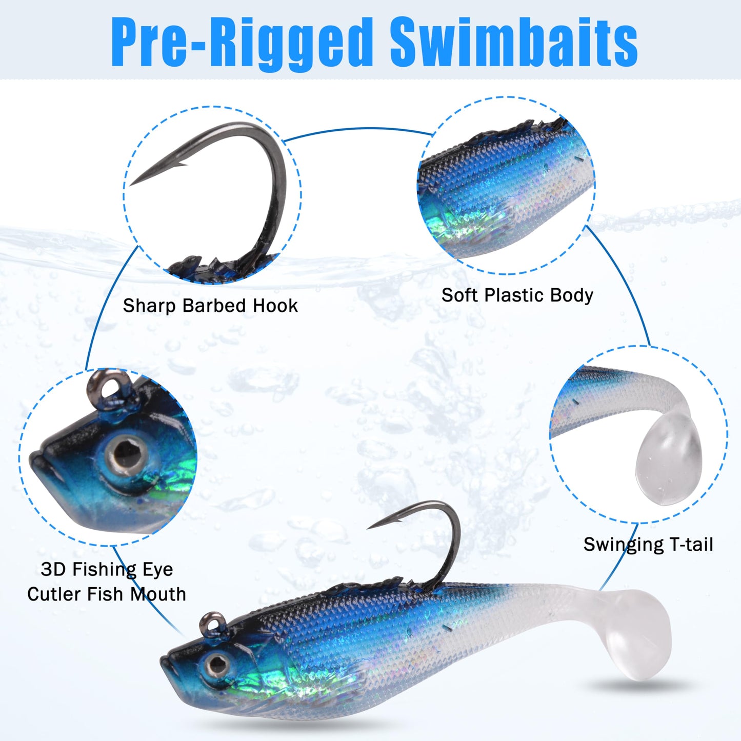 Pre-Rigged Swimbaits, 6/12pcs Paddle Tail Swim Baits Swim Shad Jig Head Fishing Lures Soft Plastic Swimbaits for Bass Trout Walleye Crappie 8cm 12pcs