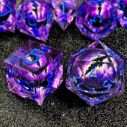 HAOMEJA Resin Dragon Eye DND Dice Set D&D 7 Pcs Resin Sharp Edge Role Playing Dice with Bag, Polyhedral Dungeons and Dragons Dice D20 D12 D10 D100 D8 D6 D4 (Purple & Eye Purple)