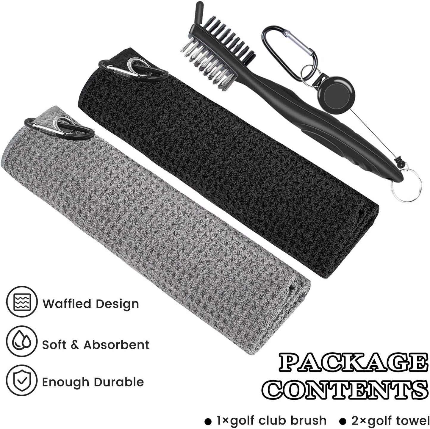 2 Pack Golf Towel (16" X 16") with Golf Club Brush, Microfiber Waffle Pattern Golf Towels for Golf Bags for Men,Essential Golf Combo Cleaning Kit (Black)