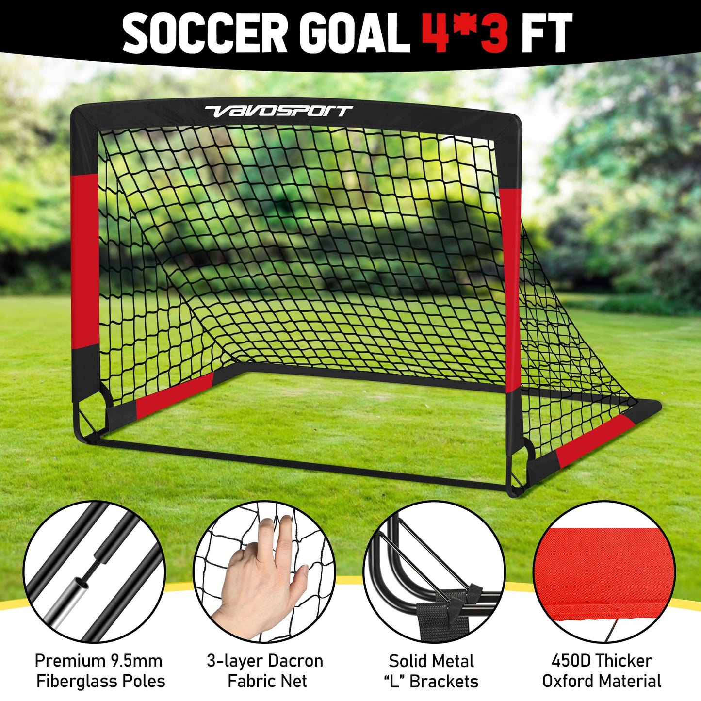 VAVOSPORT Kids Soccer Goals for Backyard, 2-Pack 4x3ft Portable Soccer Nets, Pop Up Mini Toddler Soccer Goal Set with Size 3 Ball, Cones & Pump for Ages 3-12, Indoor & Outdoor Practice Training Kit