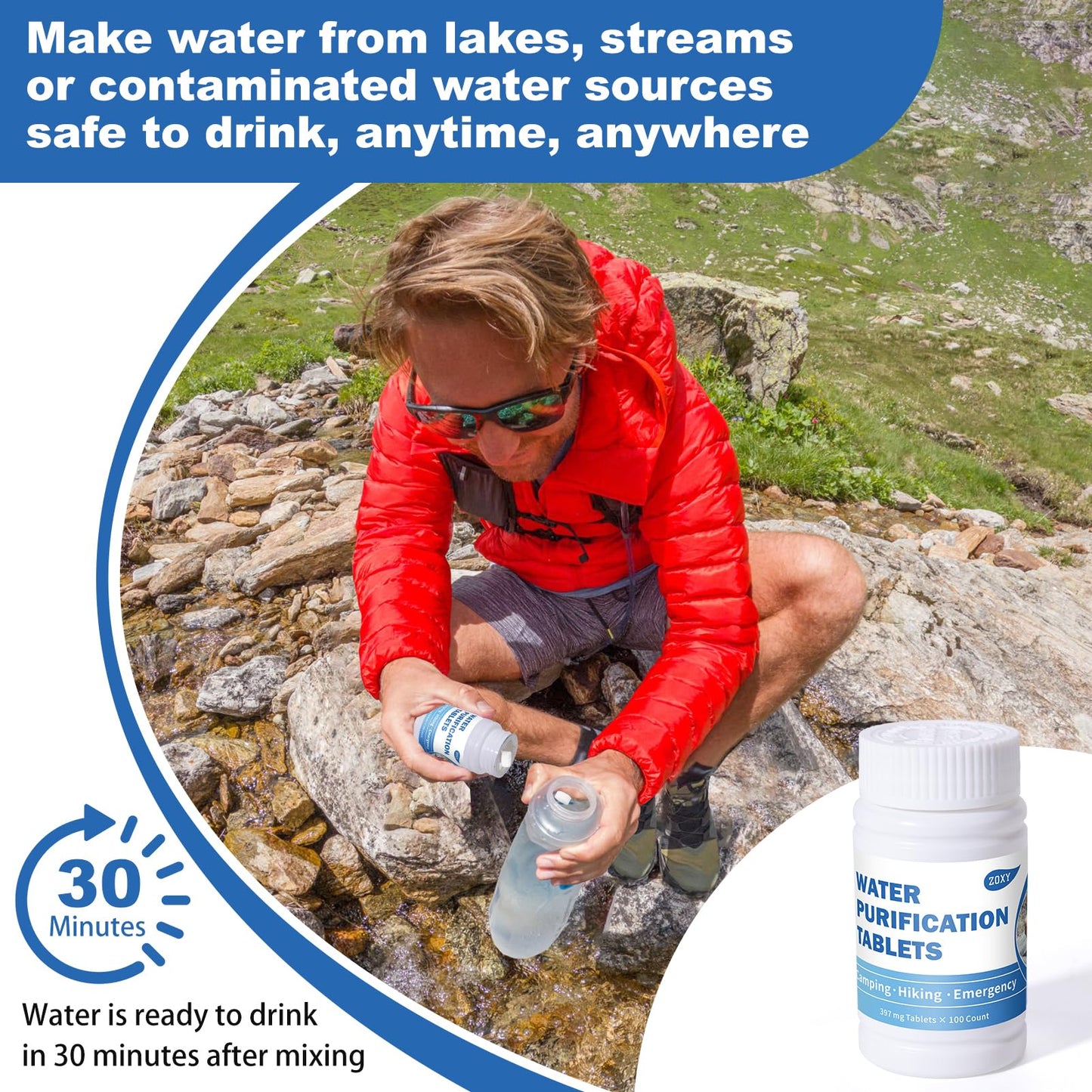 Water Tablets Purification for Drinking (100 Count) - Water Filtration System Survival for Camping, Boating, Hiking, Backpacking, Emergencies - Portable Water Treatment for Safe Drinking Anywhere