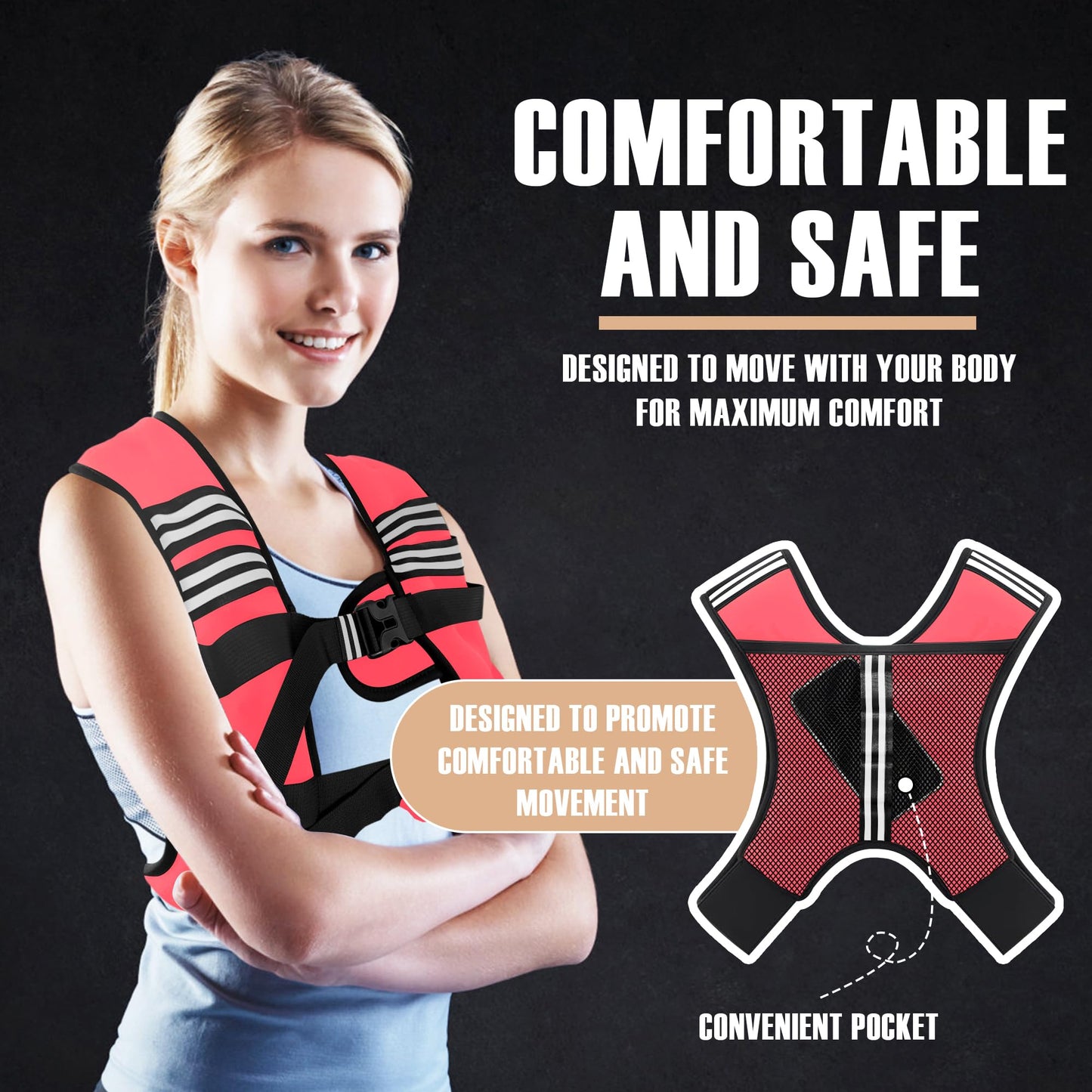 NATURELUX Weighted Vest with Reflective Stripe and Adjustable Buckle Straps, Pink, 25 lbs