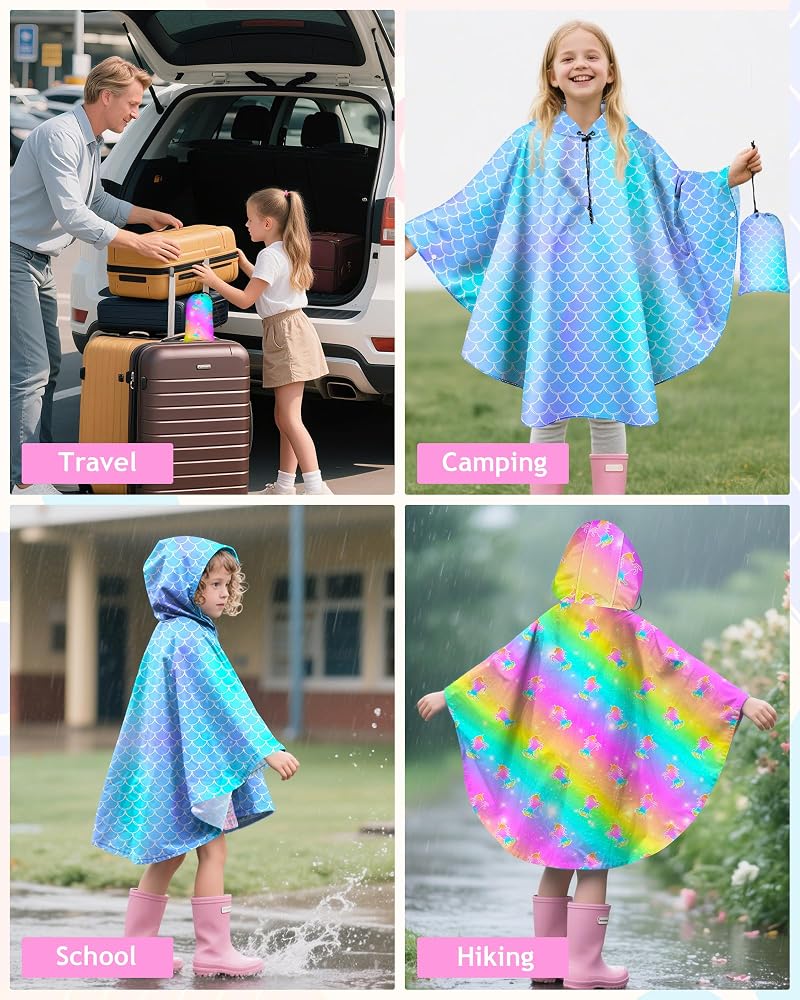 Rainbow Mermaid 3-5T Kids Rain Poncho with Hood - Reusable Waterproof Lightweight