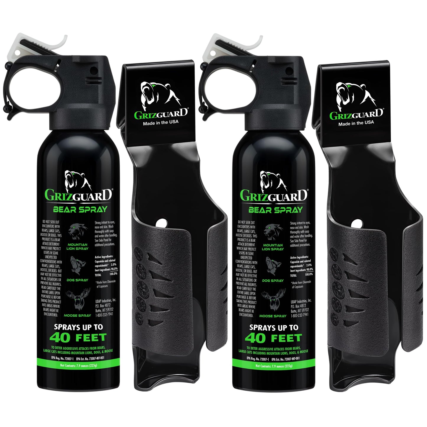 Griz Guard Bear Spray with Holster 2 Pack – Max Strength 7.9 oz, 40-Foot Range, EPA-Registered Deterrent for Bears, Mountain Lions, Coyotes, Dogs & Moose, Glow Safety Clip, Hiking & Camping Protection